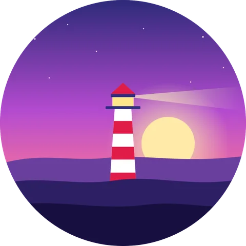 A circle icon of a lighthouse and sunset illustration, before adding a logo