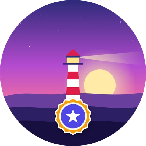 The same star badge with its background removed automatically, placed at the bottom center of the lighthouse illustration with a white outline and shadow